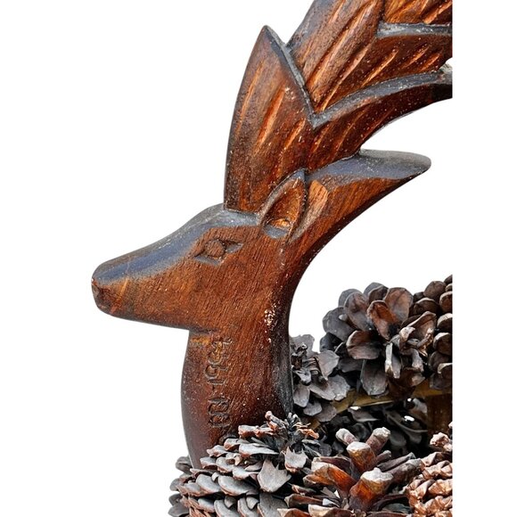 Pinecone Basket with Hand-Carved Wooden Deer Handle Dated 1994 - Picture 5 of 9